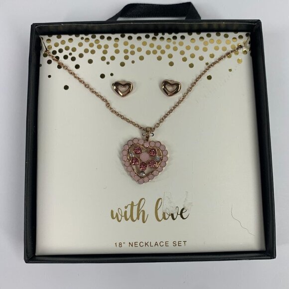 Merry & Bright Pink Heart Pendant & Gold Chainlink Necklace & Earring Set 18"L - Picture 2 of 5